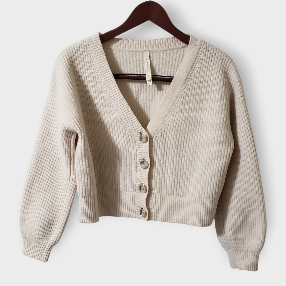 Aritzia The Group Babaton Lagoon Ribbed Wool Blend‎ Cardigan Cream Sz 2XS